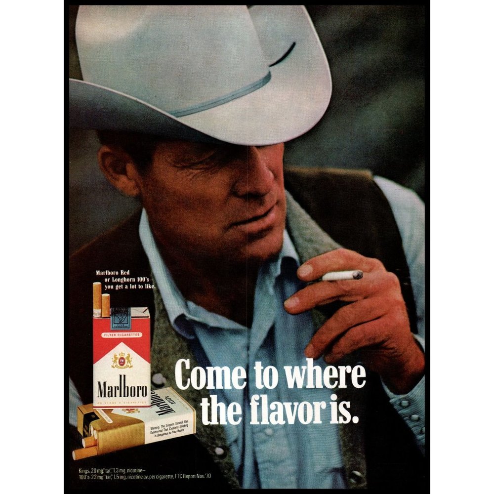 1971 Marlboro Cigarettes Vintage Print Ad Man White Cowboy Hat Leather Wall Art